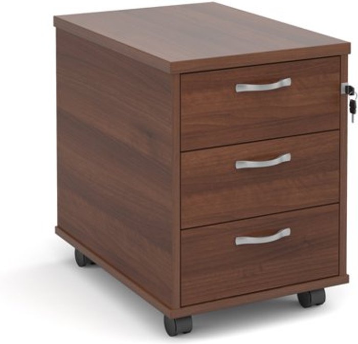 Office Monster | Maestro 25 Mobile 3 drawer pedestal with silver handles 600mm deep - walnut Maestro 25 Mobile 3 drawer pedestal with silver handles 600mm deep - walnut