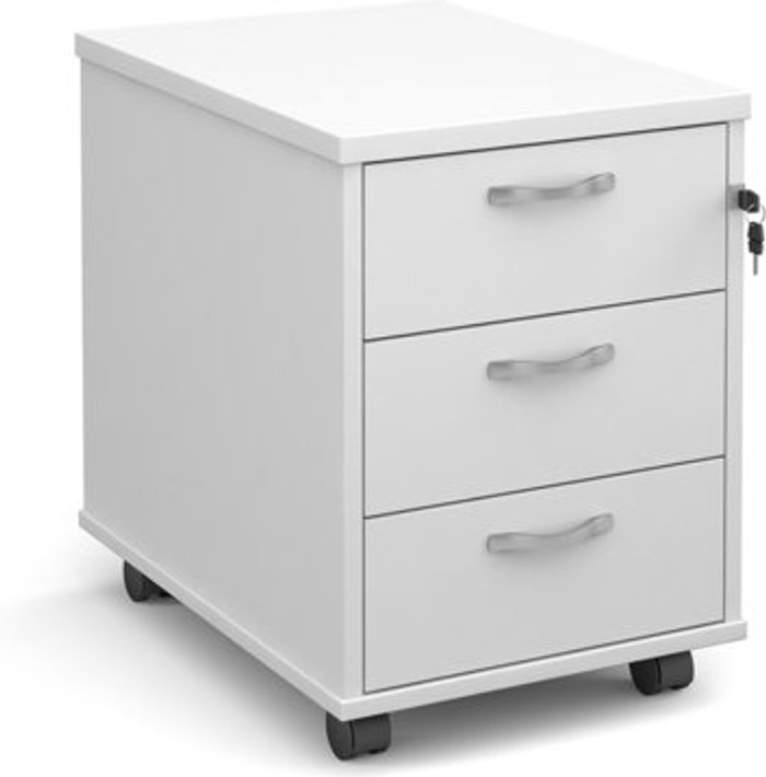 Office Monster | Maestro 25 Mobile 3 drawer pedestal with silver handles 600mm deep - white Maestro 25 Mobile 3 drawer pedestal with silver handles 600mm deep - white