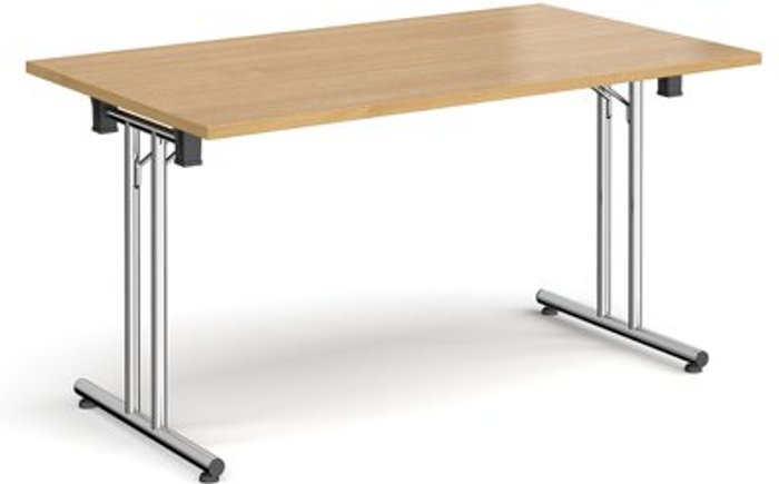 Office Monster | Dams Rectangular folding leg table with chrome legs and straight foot rails 1400mm x 800mm - oak Dams Rectangular folding leg table with chrome legs and straight foot rails 1400mm x 800mm - oak