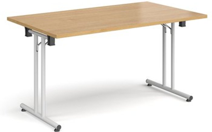 Office Monster | Dams Rectangular folding leg table with white legs and straight foot rails 1400mm x 800mm - oak Dams Rectangular folding leg table with white legs and straight foot rails 1400mm x 800mm - oak