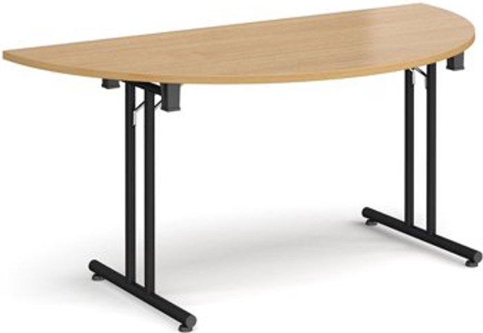 Office Monster | Dams Semi circular folding leg table with black legs and straight foot rails 1600mm x 800mm - oak Dams Semi circular folding leg table with black legs and straight foot rails 1600mm x 800mm - oak