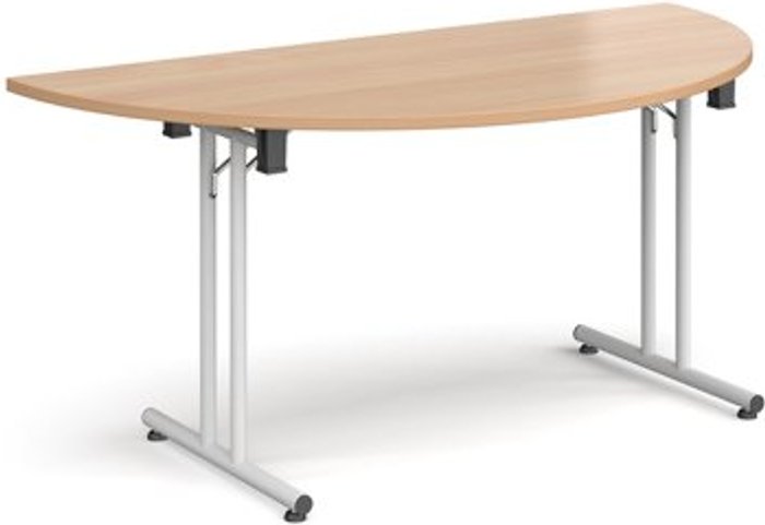 Office Monster | Dams Semi circular folding leg table with white legs and straight foot rails 1600mm x 800mm - beech Dams Semi circular folding leg table with white legs and straight foot rails 1600mm x 800mm - beech