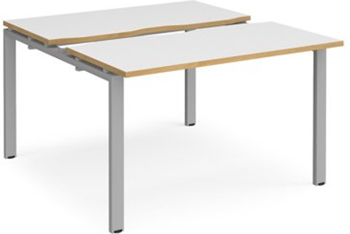 Office Monster | Adapt Bench Desk | 2 Person Starter Rectangular Desks 1200mm With Sliding Tops | White/Oak Tops With Silver Frames | 1200mm Depth | Adapt Adapt Bench Desk | 2 Person Starter Rectangular Desks 1200mm With Sliding Tops | White/Oak Tops With Silver Frames | 1200mm Depth | Adapt