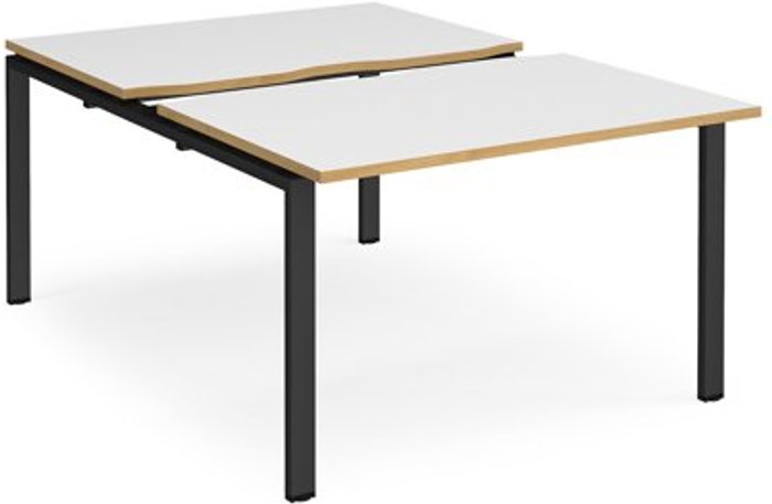 Office Monster | Adapt Bench Desk | 2 Person Starter Rectangular Desks 1200mm With Sliding Tops | White/Oak Tops With Black Frames | 1600mm Depth | Adapt Adapt Bench Desk | 2 Person Starter Rectangular Desks 1200mm With Sliding Tops | White/Oak Tops With Black Frames | 1600mm Depth | Adapt