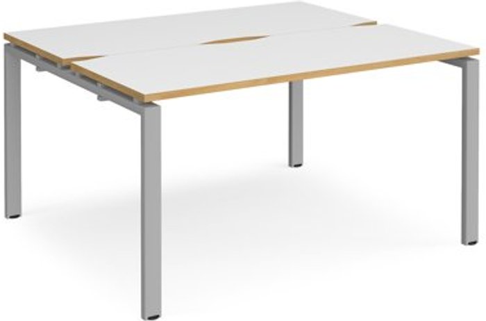 Office Monster | Adapt Bench Desk | 2 Person Starter Rectangular Desks 1400mm With Sliding Tops | White/Oak Tops With Silver Frames | 1200mm Depth | Adapt Adapt Bench Desk | 2 Person Starter Rectangular Desks 1400mm With Sliding Tops | White/Oak Tops With Silver Frames | 1200mm Depth | Adapt