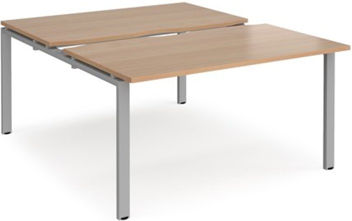 Office Monster | Adapt Bench Desk | 2 Person Starter Rectangular Desks 1400mm With Sliding Tops | Beech Tops With Silver Frames | 1600mm Depth | Adapt Adapt Bench Desk | 2 Person Starter Rectangular Desks 1400mm With Sliding Tops | Beech Tops With Silver Frames | 1600mm Depth | Adapt
