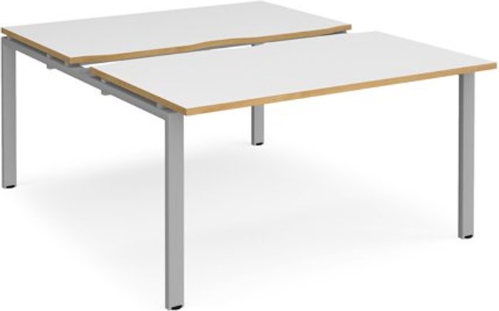 Office Monster | Adapt Bench Desk | 2 Person Starter Rectangular Desks 1400mm With Sliding Tops | White/Oak Tops With Silver Frames | 1600mm Depth | Adapt Adapt Bench Desk | 2 Person Starter Rectangular Desks 1400mm With Sliding Tops | White/Oak Tops With Silver Frames | 1600mm Depth | Adapt
