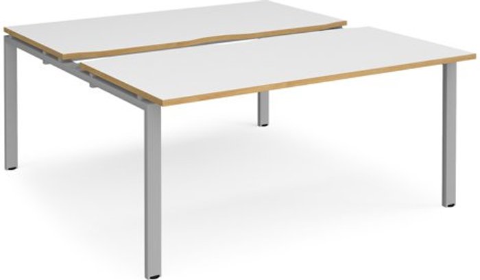Office Monster | Adapt Bench Desk | 2 Person Starter Rectangular Desks 1600mm With Sliding Tops | White/Oak Tops With Silver Frames | 1600mm Depth | Adapt Adapt Bench Desk | 2 Person Starter Rectangular Desks 1600mm With Sliding Tops | White/Oak Tops With Silver Frames | 1600mm Depth | Adapt