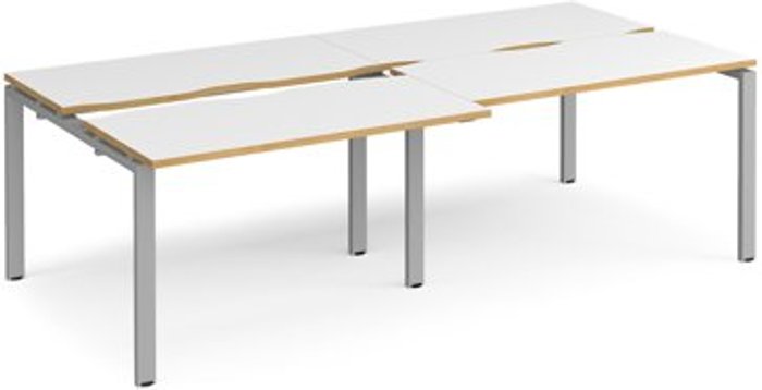 Office Monster | Adapt Bench Desk | 4 Person Rectangular Desks 2400mm With Sliding Tops | White/Oak Tops With Silver Frames | 1200mm Depth | Adapt Adapt Bench Desk | 4 Person Rectangular Desks 2400mm With Sliding Tops | White/Oak Tops With Silver Frames | 1200mm Depth | Adapt