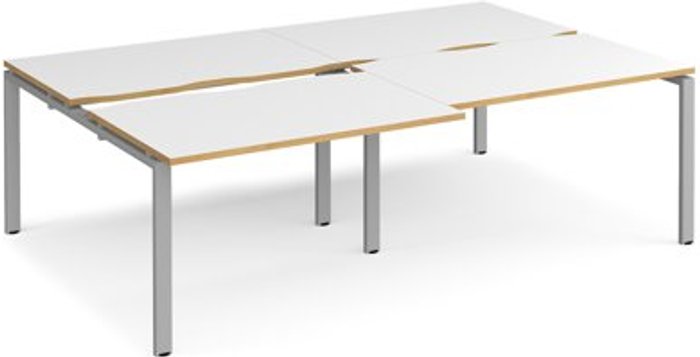 Office Monster | Adapt Bench Desk | 4 Person Rectangular Desks 2400mm With Sliding Tops | White/Oak Tops With Silver Frames | 1600mm Depth | Adapt Adapt Bench Desk | 4 Person Rectangular Desks 2400mm With Sliding Tops | White/Oak Tops With Silver Frames | 1600mm Depth | Adapt