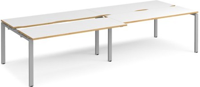 Office Monster | Adapt Bench Desk | 4 Person Rectangular Desks 3200mm With Sliding Tops | White/Oak Tops With Silver Frames | 1200mm Depth | Adapt Adapt Bench Desk | 4 Person Rectangular Desks 3200mm With Sliding Tops | White/Oak Tops With Silver Frames | 1200mm Depth | Adapt