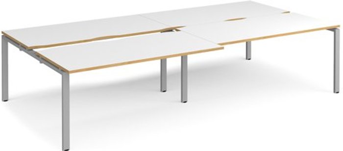 Office Monster | Adapt Bench Desk | 4 Person Rectangular Desks 3200mm With Sliding Tops | White/Oak Tops With Silver Frames | 1600mm Depth | Adapt Adapt Bench Desk | 4 Person Rectangular Desks 3200mm With Sliding Tops | White/Oak Tops With Silver Frames | 1600mm Depth | Adapt