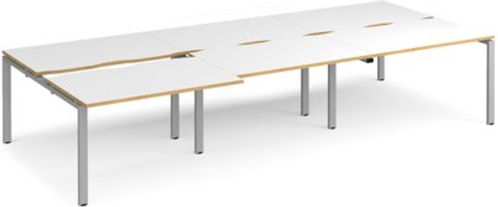 Office Monster | Adapt Bench Desk | 6 Person Rectangular Desks 3600mm With Sliding Tops | White/Oak Tops With Silver Frames | 1600mm Depth | Adapt Adapt Bench Desk | 6 Person Rectangular Desks 3600mm With Sliding Tops | White/Oak Tops With Silver Frames | 1600mm Depth | Adapt