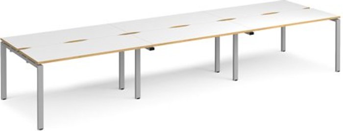 Office Monster | Adapt Bench Desk | 6 Person Rectangular Desks 4200mm With Sliding Tops | White/Oak Tops With Silver Frames | 1200mm Depth | Adapt Adapt Bench Desk | 6 Person Rectangular Desks 4200mm With Sliding Tops | White/Oak Tops With Silver Frames | 1200mm Depth | Adapt
