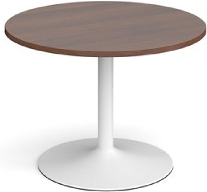 Office Monster | Dams Trumpet base circular boardroom table 1000mm - white base, walnut top (Made-to-order 4 - 6 week lead time) Dams Trumpet base circular boardroom table 1000mm - white base, walnut top (Made-to-order 4 - 6 week lead time)