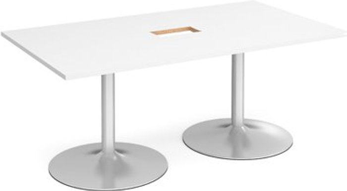 Office Monster | Dams Trumpet base rectangular boardroom table 1800mm x 1000mm with central cutout 272mm x 132mm - silver base, white top Dams Trumpet base rectangular boardroom table 1800mm x 1000mm with central cutout 272mm x 132mm - silver base, white top