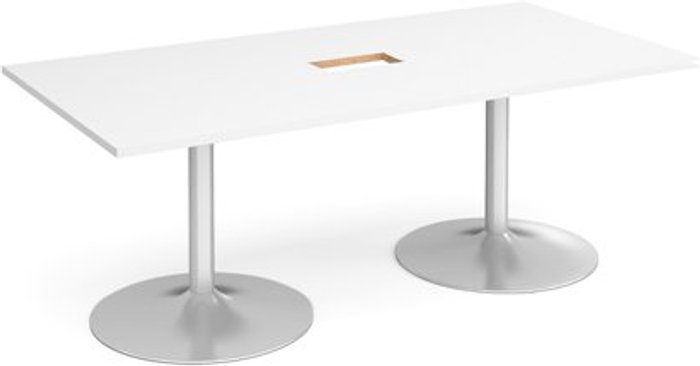 Office Monster | Dams Trumpet base rectangular boardroom table 2000mm x 1000mm with central cutout 272mm x 132mm - silver base, white top Dams Trumpet base rectangular boardroom table 2000mm x 1000mm with central cutout 272mm x 132mm - silver base, white top