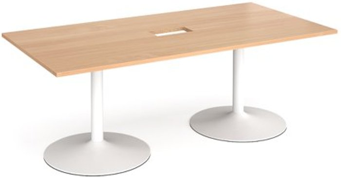Office Monster | Dams Trumpet base rectangular boardroom table 2000mm x 1000mm with central cutout 272mm x 132mm - white base, beech top Dams Trumpet base rectangular boardroom table 2000mm x 1000mm with central cutout 272mm x 132mm - white base, beech top
