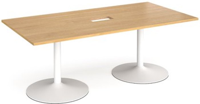 Office Monster | Dams Trumpet base rectangular boardroom table 2000mm x 1000mm with central cutout 272mm x 132mm - white base, oak top (Made-to-order 4 - 6 week lead time) Dams Trumpet base rectangular boardroom table 2000mm x 1000mm with central cutout 272mm x 132mm - white base, oak top (Made-to-order 4 - 6 week lead time)