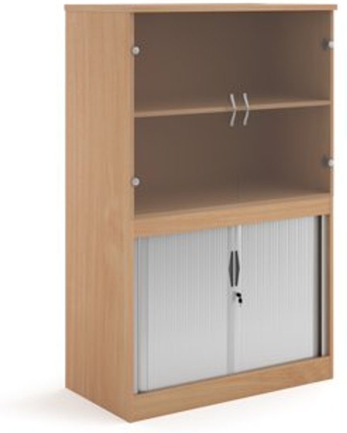 Office Monster | Systems Systems combination unit with tambour doors and glass upper doors 1600mm high with 2 shelves - beech Systems Systems combination unit with tambour doors and glass upper doors 1600mm high with 2 shelves - beech