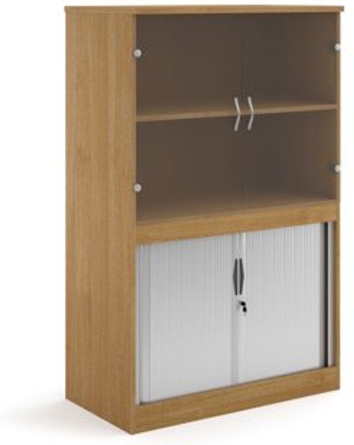 Office Monster | Systems Systems combination unit with tambour doors and glass upper doors 1600mm high with 2 shelves - oak Systems Systems combination unit with tambour doors and glass upper doors 1600mm high with 2 shelves - oak