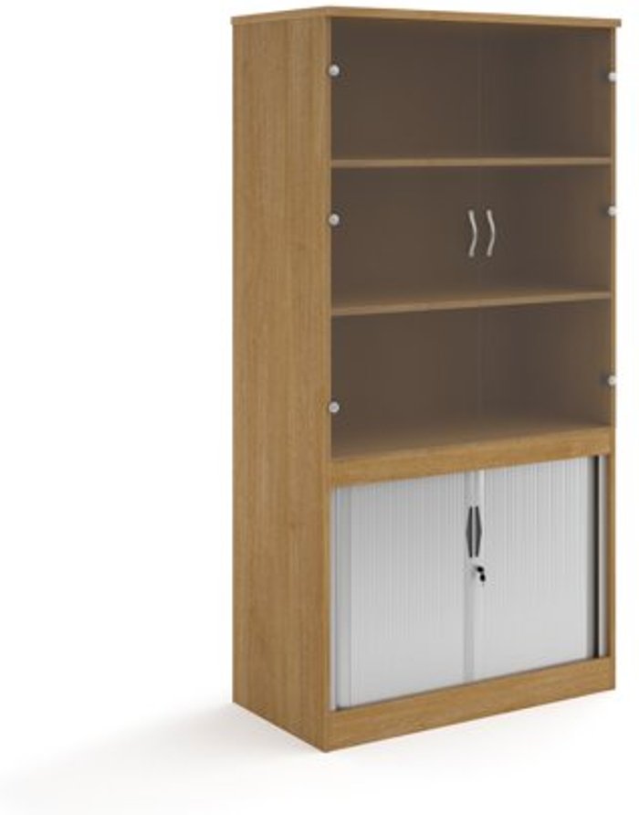 Office Monster | Systems Systems combination unit with tambour doors and glass upper doors 2000mm high with 2 shelves - oak Systems Systems combination unit with tambour doors and glass upper doors 2000mm high with 2 shelves - oak