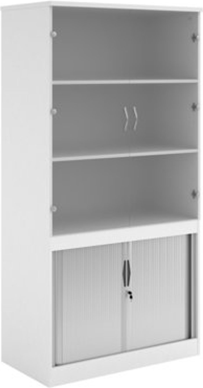 Office Monster | Systems Systems combination unit with tambour doors and glass upper doors 2000mm high with 2 shelves - white Systems Systems combination unit with tambour doors and glass upper doors 2000mm high with 2 shelves - white