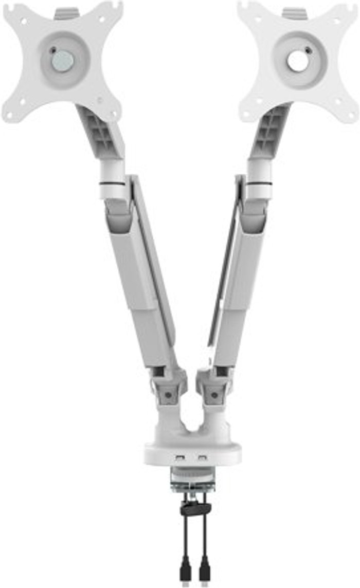 Office Monster | Triton Triton gas lift space-saving double monitor arm - white Triton Triton gas lift space-saving double monitor arm - white