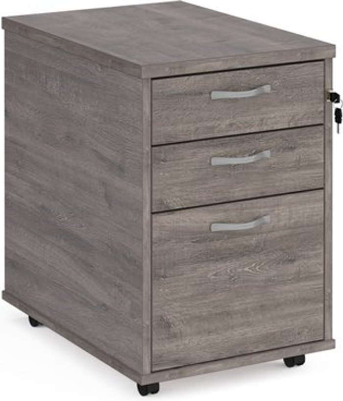 Office Monster | Dams Tall mobile 3 drawer pedestal with silver handles 600mm deep - grey oak Dams Tall mobile 3 drawer pedestal with silver handles 600mm deep - grey oak