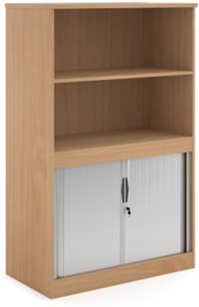 Office Monster | Systems Systems combination unit with tambour doors and open top 1600mm high with 2 shelves - beech Systems Systems combination unit with tambour doors and open top 1600mm high with 2 shelves - beech