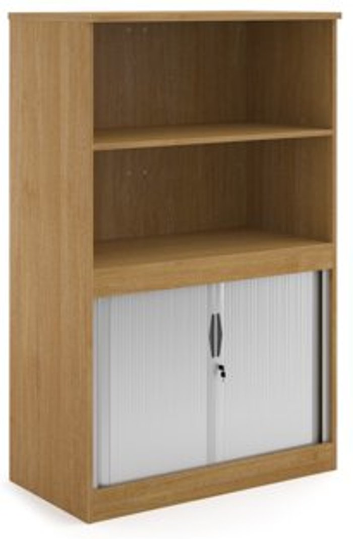 Office Monster | Systems Systems combination unit with tambour doors and open top 1600mm high with 2 shelves - oak Systems Systems combination unit with tambour doors and open top 1600mm high with 2 shelves - oak