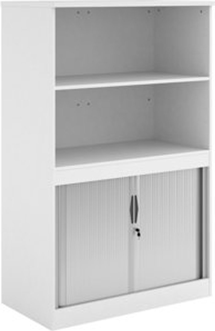Office Monster | Systems Systems combination unit with tambour doors and open top 1600mm high with 2 shelves - white Systems Systems combination unit with tambour doors and open top 1600mm high with 2 shelves - white