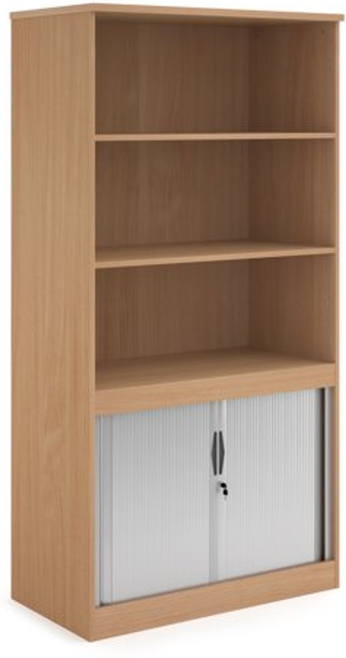 Office Monster | Systems Systems combination unit with tambour doors and open top 2000mm high with 2 shelves - beech Systems Systems combination unit with tambour doors and open top 2000mm high with 2 shelves - beech