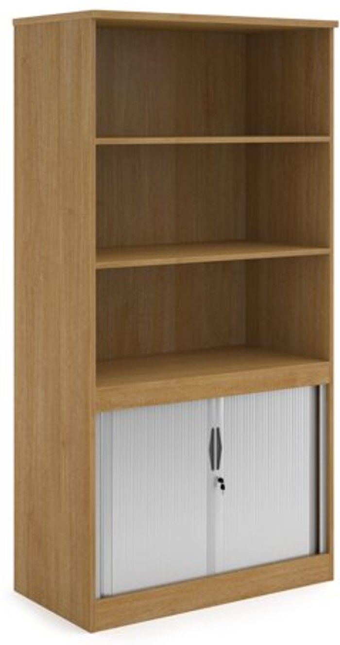 Office Monster | Systems Systems combination unit with tambour doors and open top 2000mm high with 2 shelves - oak Systems Systems combination unit with tambour doors and open top 2000mm high with 2 shelves - oak
