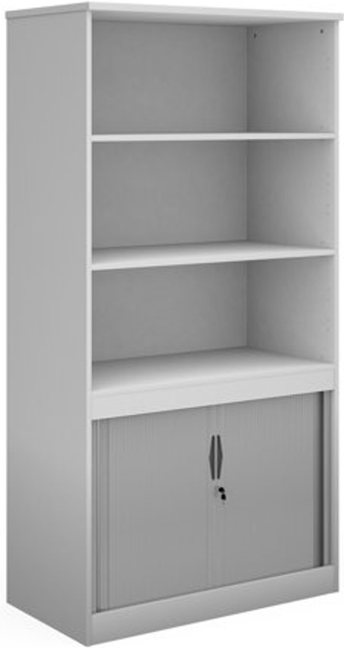 Office Monster | Systems Systems combination unit with tambour doors and open top 2000mm high with 2 shelves - white Systems Systems combination unit with tambour doors and open top 2000mm high with 2 shelves - white