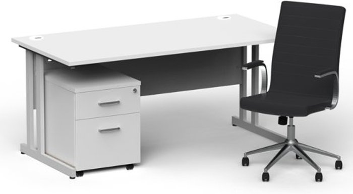 Office Monster | Impulse Bundles Impulse 1600/800 Silver Cant Desk White + 2 Dr Mobile Ped & Ezra Black Impulse Bundles Impulse 1600/800 Silver Cant Desk White + 2 Dr Mobile Ped & Ezra Black