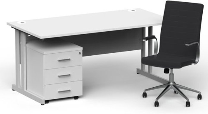 Office Monster | Impulse Bundles Impulse 1600/800 Silver Cant Desk White + 3 Dr Mobile Ped & Ezra Black Impulse Bundles Impulse 1600/800 Silver Cant Desk White + 3 Dr Mobile Ped & Ezra Black
