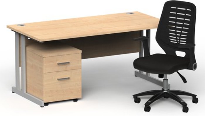 Office Monster | Impulse Bundles Impulse 1600/800 Silver Cant Desk Maple + 2 Dr Mobile Ped & Relay Black Back Impulse Bundles Impulse 1600/800 Silver Cant Desk Maple + 2 Dr Mobile Ped & Relay Black Back