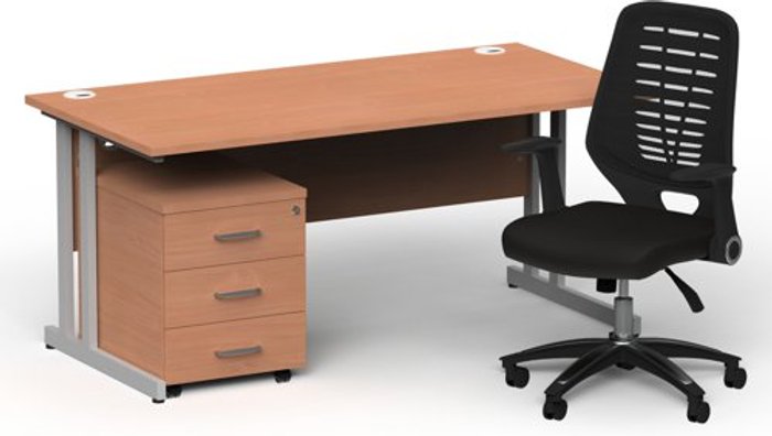 Office Monster | Impulse Bundles Impulse 1600/800 Silver Cant Desk Beech + 3 Dr Mobile Ped & Relay Black Back Impulse Bundles Impulse 1600/800 Silver Cant Desk Beech + 3 Dr Mobile Ped & Relay Black Back