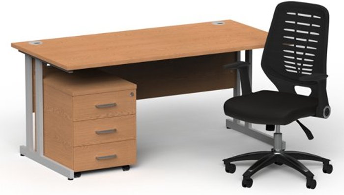 Office Monster | Impulse Bundles Impulse 1600/800 Silver Cant Desk Oak + 3 Dr Mobile Ped & Relay Black Back Impulse Bundles Impulse 1600/800 Silver Cant Desk Oak + 3 Dr Mobile Ped & Relay Black Back