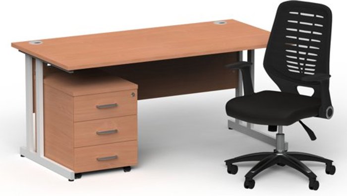 Office Monster | Impulse Bundles Impulse 1600/800 White Cant Desk Beech + 3 Dr Mobile Ped & Relay Black Back Impulse Bundles Impulse 1600/800 White Cant Desk Beech + 3 Dr Mobile Ped & Relay Black Back