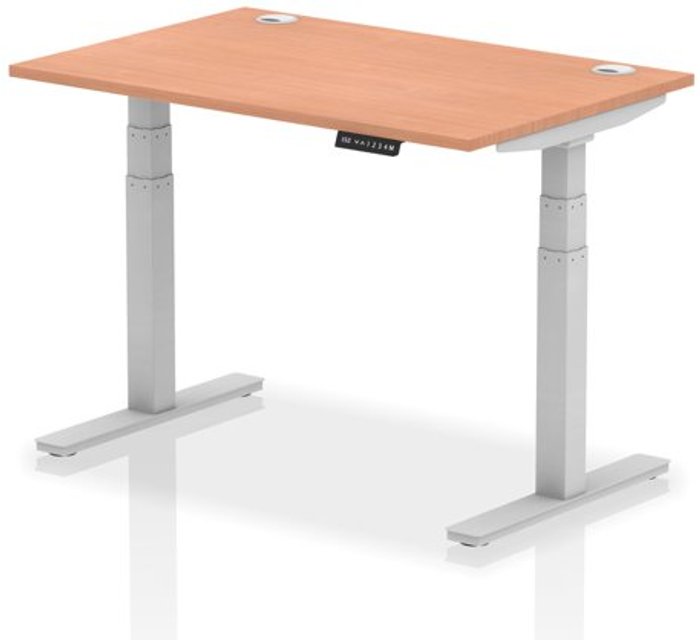 Office Monster | Air Air 1200 x 800mm Height Adjustable Desk Beech Top Cable Ports Silver Leg Air Air 1200 x 800mm Height Adjustable Desk Beech Top Cable Ports Silver Leg
