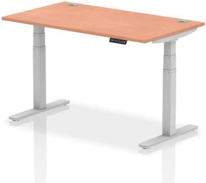 Office Monster | Air Air 1400 x 800mm Height Adjustable Desk Beech Top Cable Ports Silver Leg Air Air 1400 x 800mm Height Adjustable Desk Beech Top Cable Ports Silver Leg