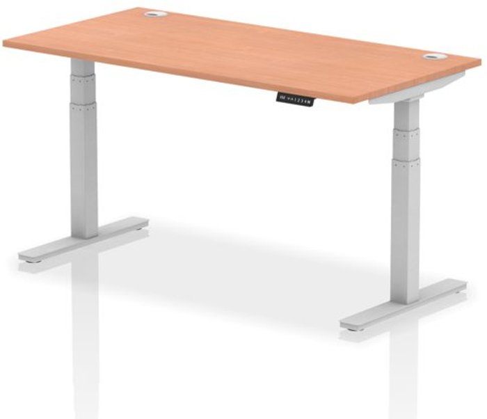 Office Monster | Air Air 1600 x 800mm Height Adjustable Desk Beech Top Cable Ports Silver Leg Air Air 1600 x 800mm Height Adjustable Desk Beech Top Cable Ports Silver Leg