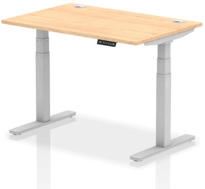 Office Monster | Air Air 1200 x 800mm Height Adjustable Desk Maple Top Cable Ports Silver Leg Air Air 1200 x 800mm Height Adjustable Desk Maple Top Cable Ports Silver Leg