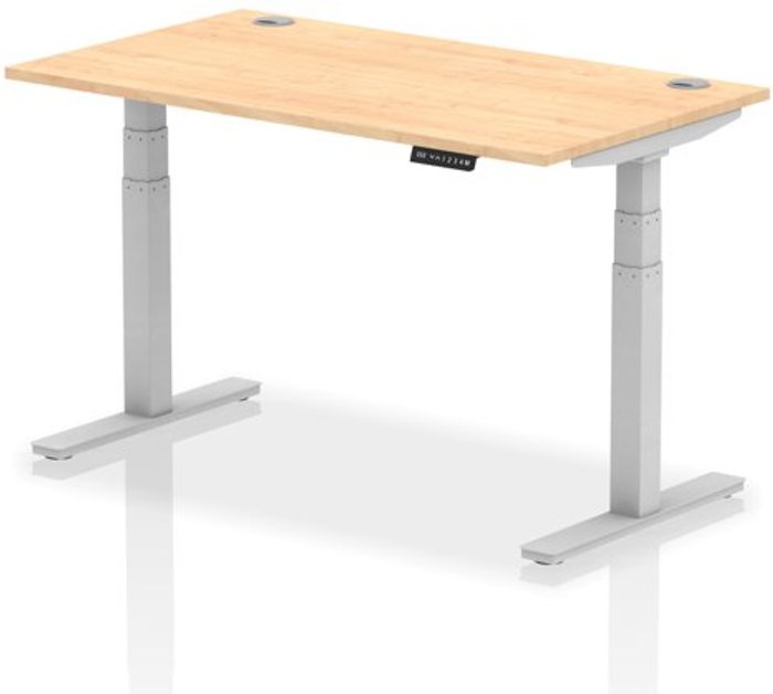 Office Monster | Air Air 1400 x 800mm Height Adjustable Desk Maple Top Cable Ports Silver Leg Air Air 1400 x 800mm Height Adjustable Desk Maple Top Cable Ports Silver Leg
