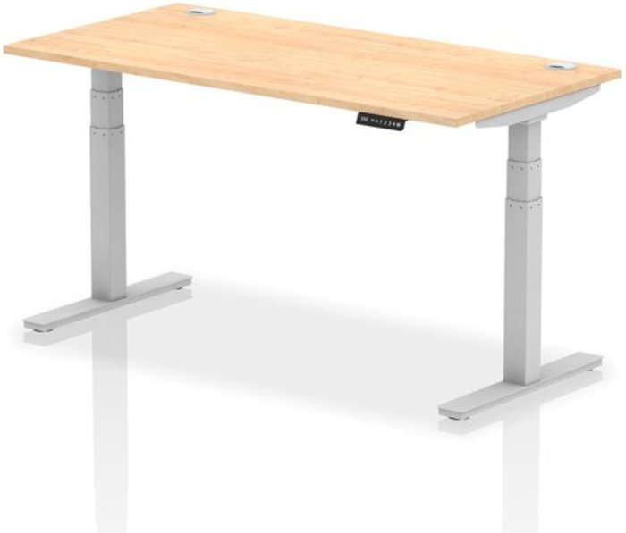 Office Monster | Air Air 1600 x 800mm Height Adjustable Desk Maple Top Cable Ports Silver Leg Air Air 1600 x 800mm Height Adjustable Desk Maple Top Cable Ports Silver Leg