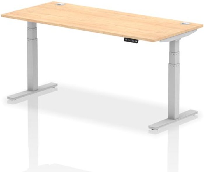 Office Monster | Air Air 1800 x 800mm Height Adjustable Desk Maple Top Cable Ports Silver Leg Air Air 1800 x 800mm Height Adjustable Desk Maple Top Cable Ports Silver Leg