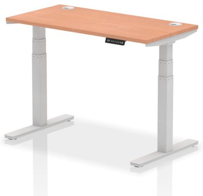 Office Monster | Air Air 1200 x 600mm Height Adjustable Desk Beech Top Cable Ports Silver Leg Air Air 1200 x 600mm Height Adjustable Desk Beech Top Cable Ports Silver Leg