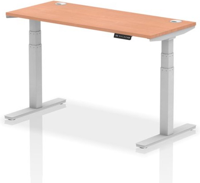 Office Monster | Air Air 1400 x 600mm Height Adjustable Desk Beech Top Cable Ports Silver Leg Air Air 1400 x 600mm Height Adjustable Desk Beech Top Cable Ports Silver Leg